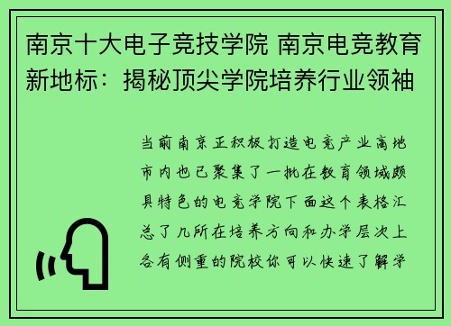 南京十大电子竞技学院 南京电竞教育新地标：揭秘顶尖学院培养行业领袖的奥秘
